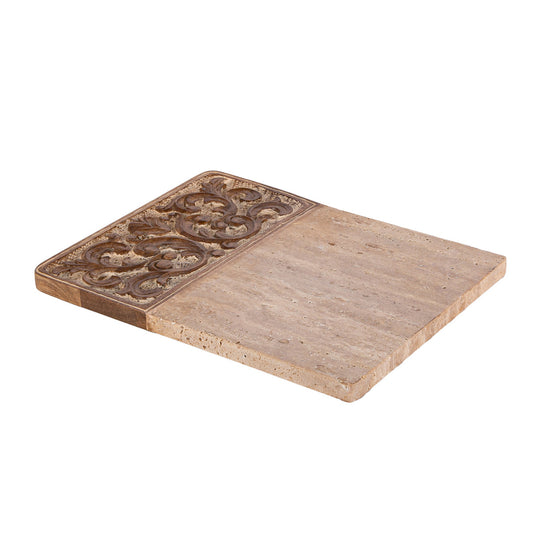 Acanthus Carved Wood and Marble Cutting Board, Natural, Large