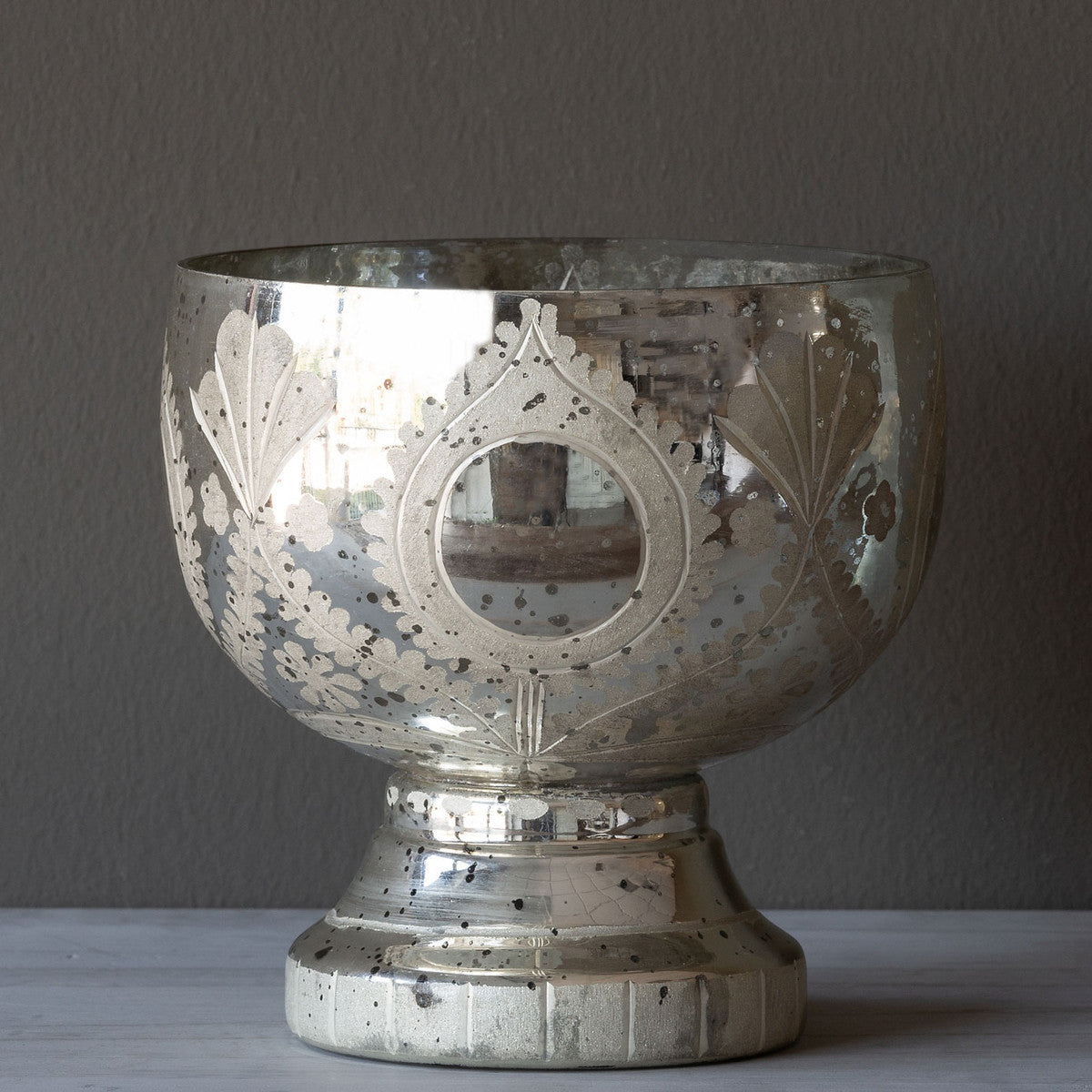 Etched Mercury Glass Peacock Compote