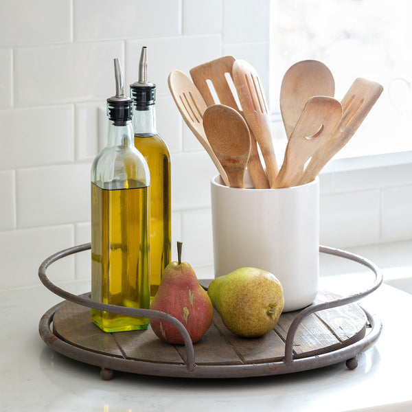 Round Wooden Tray with Iron Handles