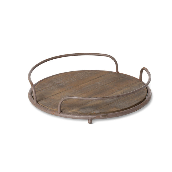 Round Wooden Tray with Iron Handles