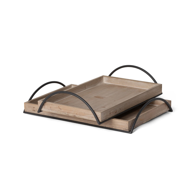 Wood Trays with Iron Handle, Set of 2