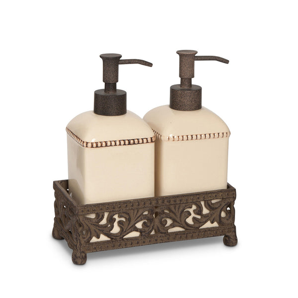 Acanthus Stoneware Soap/Lotion Dispensers, Set of 2 with Base