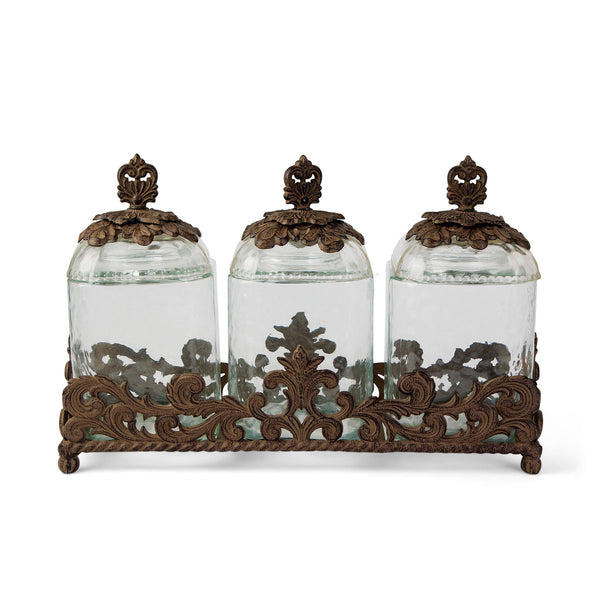 Acanthus Glass Canisters, Set of 3 with Base