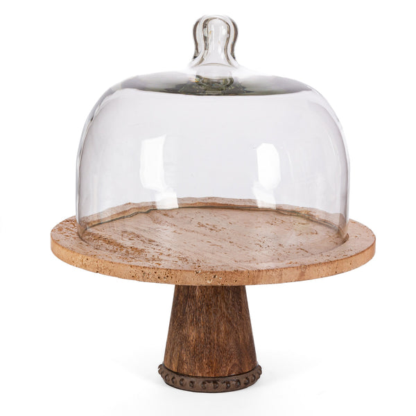 Marble Cake Plate with Glass Dome on Pedestal, 17.5"
