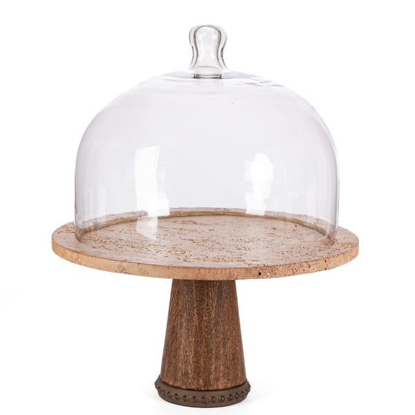 Marble Cake Plate with Glass Dome on Pedestal, 14"