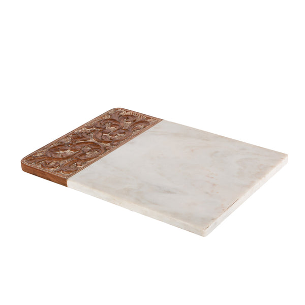 Acanthus Carved Wood and Marble Cutting Board, White, Large
