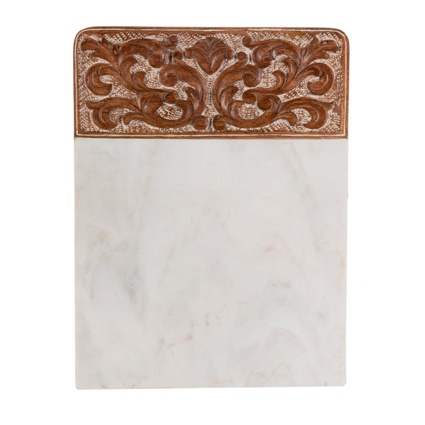 Acanthus Carved Wood and Marble Cutting Board, White, Large