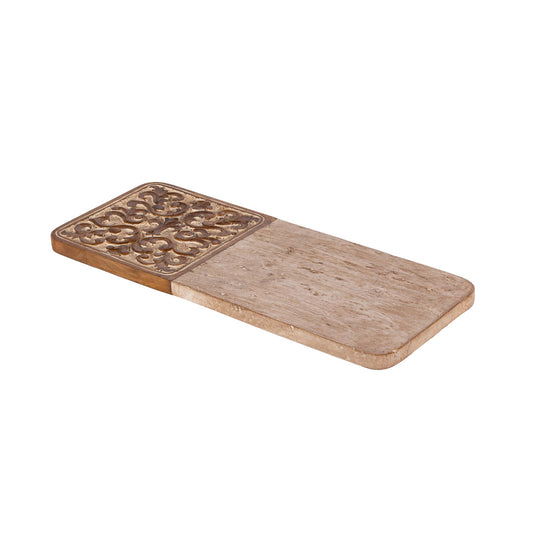 Acanthus Carved Wood and Marble Cutting Board, Natural, Small
