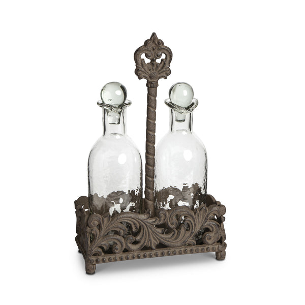 Acanthus Cast Aluminum Oil and Vinegar Bottle Holder, Set of 2 Glass Bottles with Stand