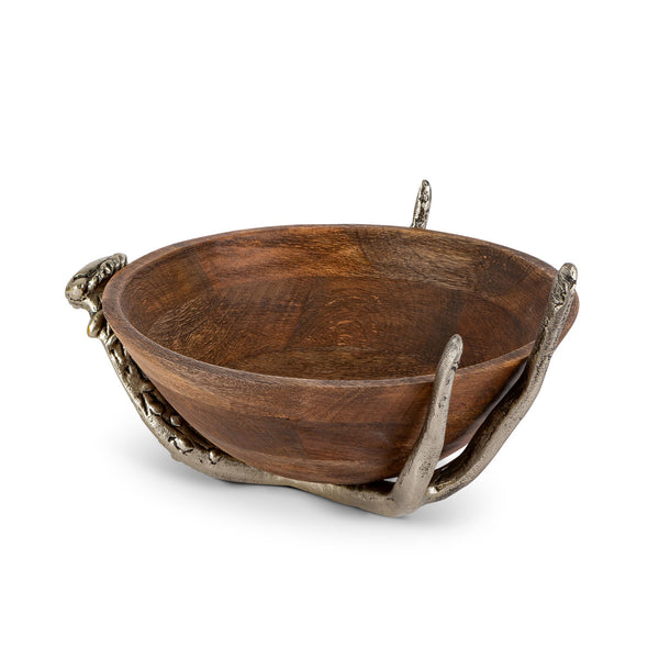 Mango Wood Bowl with Antler Stand, 12"