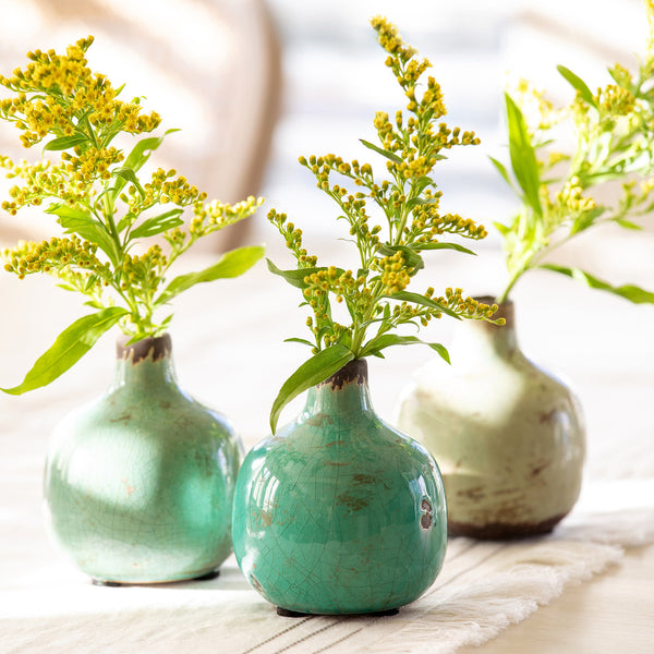 Glazed Stoneware Bud Vases, Blue-Green, 3 Assorted Colors