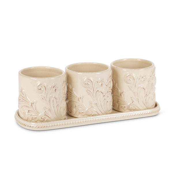 Acanthus Stoneware Herb Pots with Tray, Set of 3 with Tray