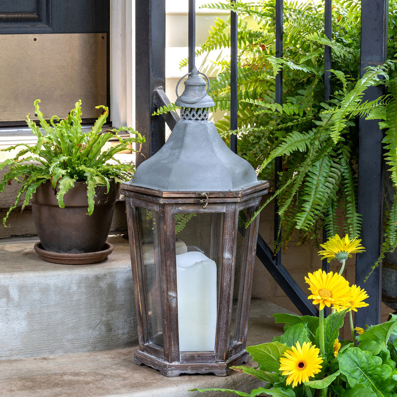 Wood & Galvanized Metal Lantern, Medium