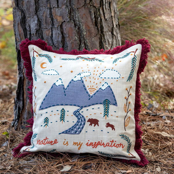 Mountain Road Appliqued Cotton Pillow