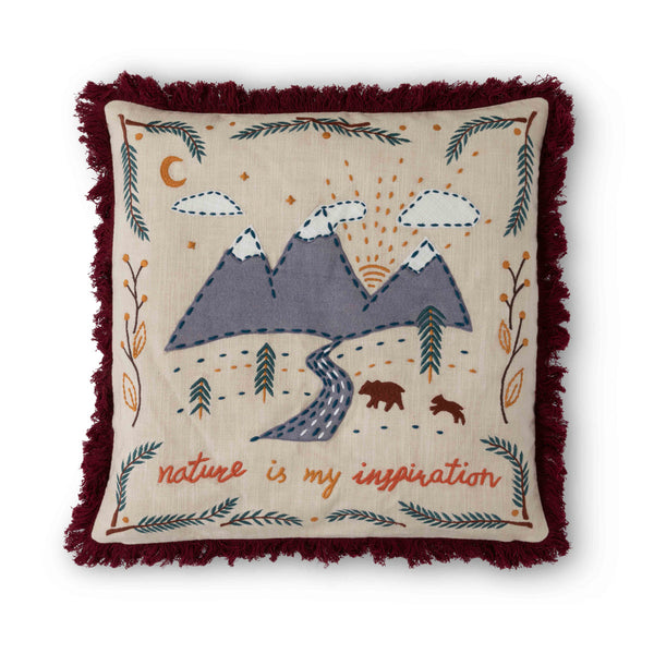 Mountain Road Appliqued Cotton Pillow